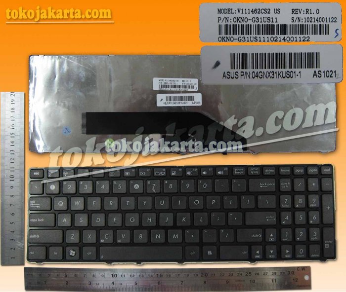 Keyboard Laptop ASUS K50, K50A, K50AB, K50AD, K50C, K50iN, K51, K61, K62, K70, K70AB, K70AC, K70AD, K70AE, K70AF, K72, K72DR, K72F, K72JK, K72JR, P50, Series / V111462CS2, 0KN0-G31USN1, 10264003115, OKNO-G31US11, 04GNX31KUS01-01 (Black Frame Black - with 