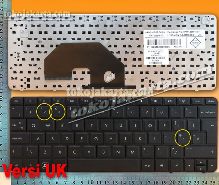 Keyboard Laptop HP MINI 110-3000 Series/ Compaq Mini CQ10-400, CQ10-500 Series/ V112003AS1, 606618-B31, 608769-B31, MP-09K83US-E45, 606618-031, MH-606618-031 (Black - UK Layout Keyboard)